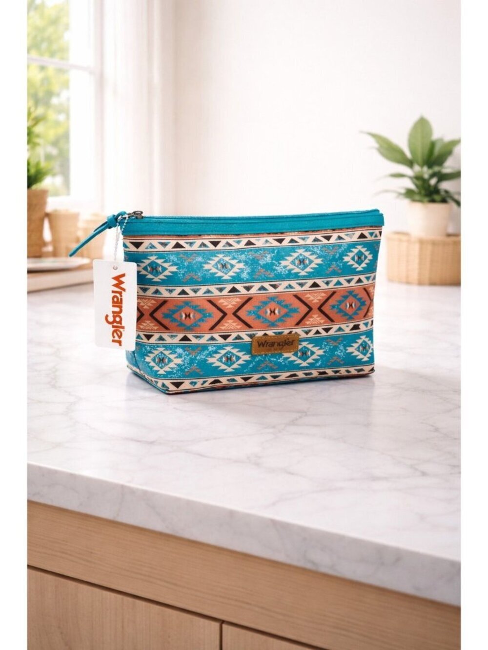 New Wrangler Teal Boho Western Aztec Cosmetic Bag Zipper Travel Makeup Case